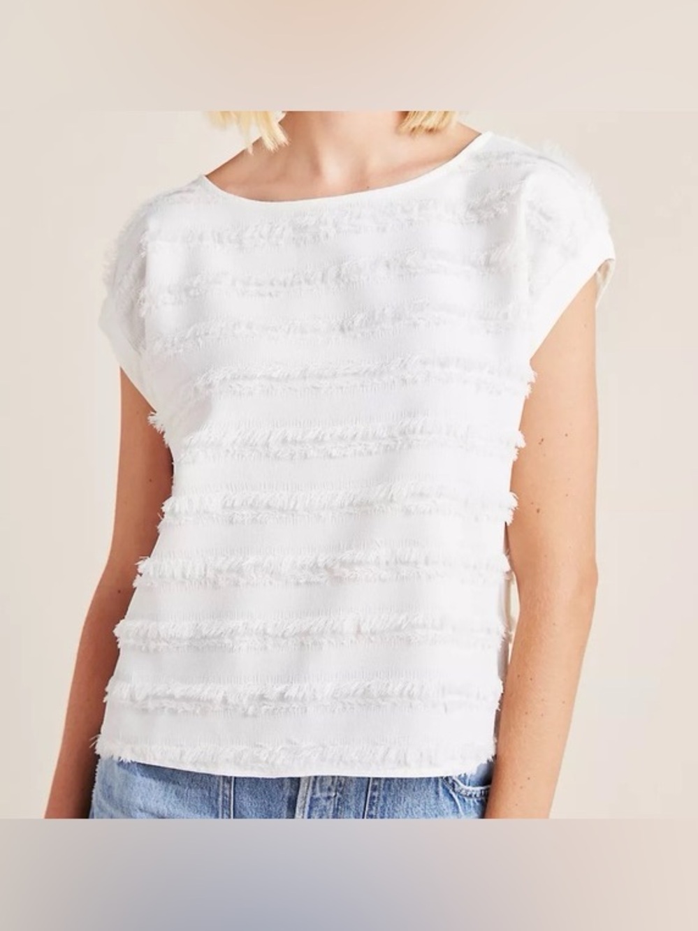 Anthropologie Maeve Barton White Textured Fringe Stripe Short Sleeve Top